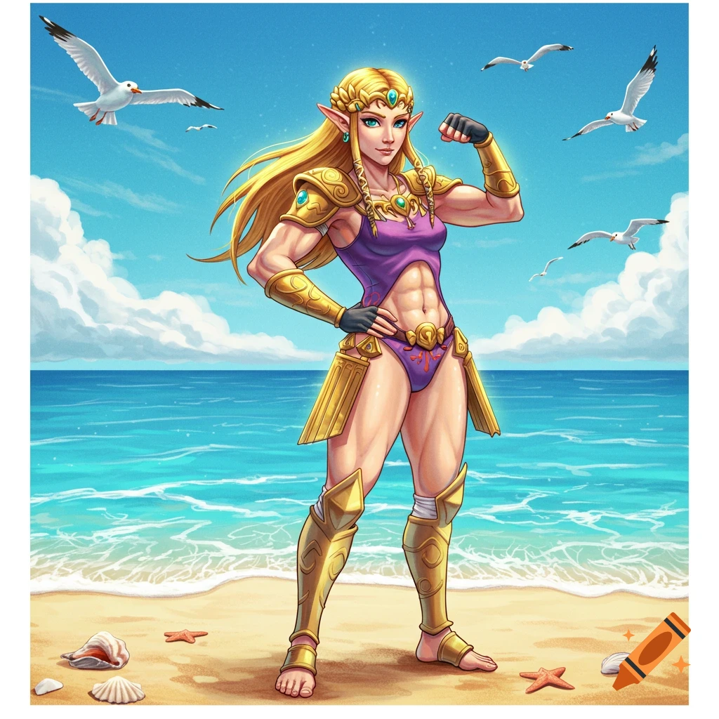 Muscular Princess Zelda in a purple swimsuit flexes on a sunny beach with seagulls in a detailed illustration.
