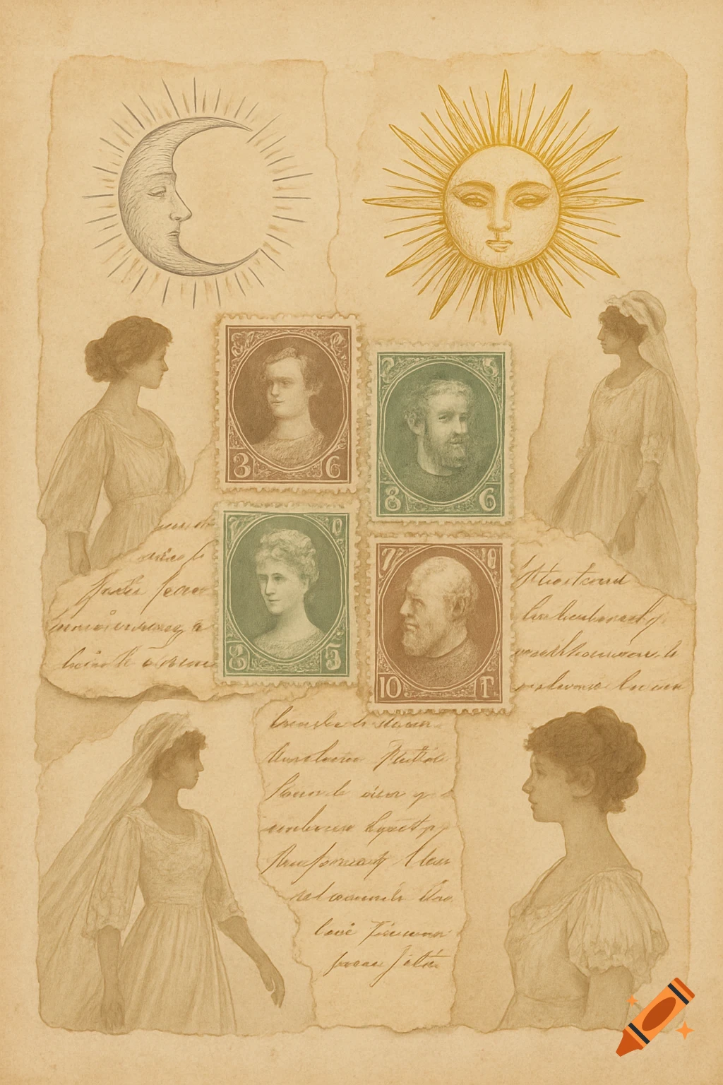 A vintage-style collage on aged paper featuring a crescent moon, a sun, four historical postage stamps with portraits, and five women in period attire, with illegible cursive text sections.