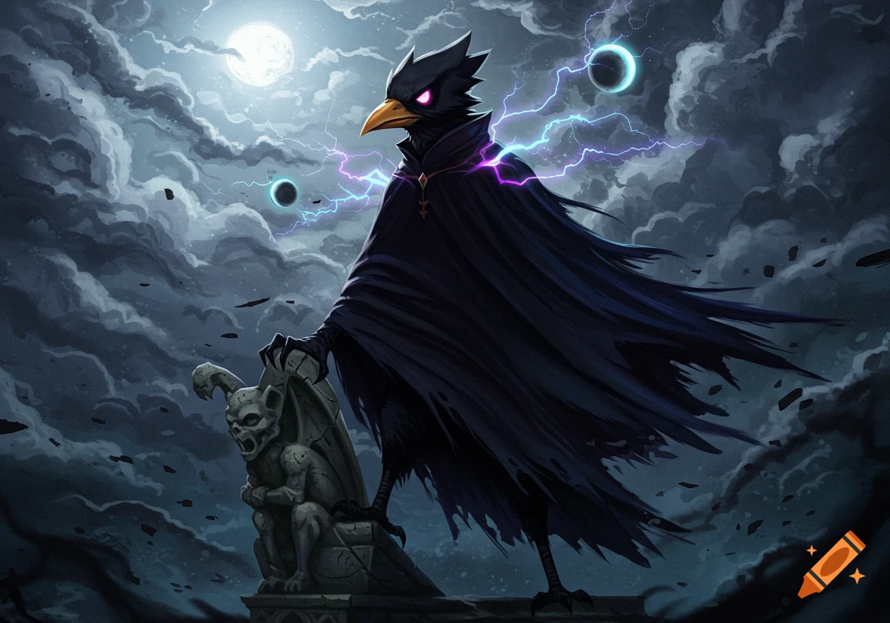 Dark fantasy illustration of a bird-headed creature in a black cape standing on a gargoyle under a stormy, moonlit sky with lightning.
