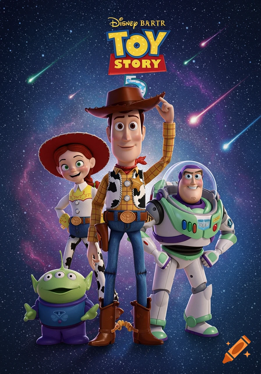 Woody, Jessie, Buzz Lightyear, and an alien stand on a starry space background with the 'Toy Story 5' logo.