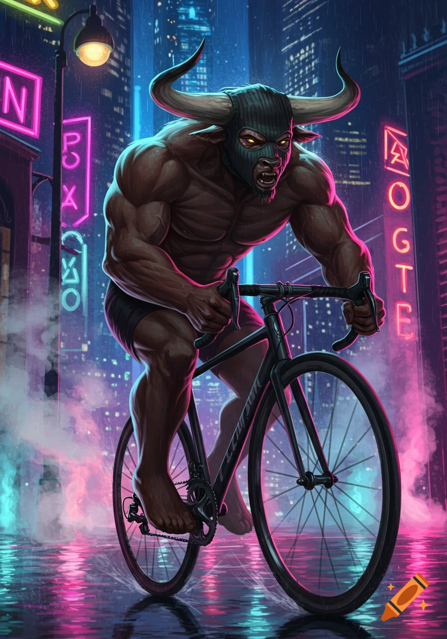 A muscular, horned creature in a balaclava rides a bicycle through a neon-lit cyberpunk city street, reflecting in puddles.
