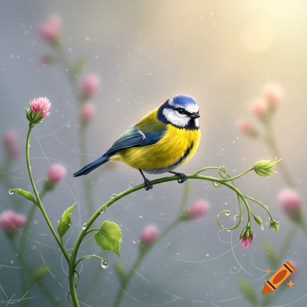 A colorful blue tit bird with yellow, blue, and white feathers perched on a dewy green vine with pink flowers in a soft, bright background.