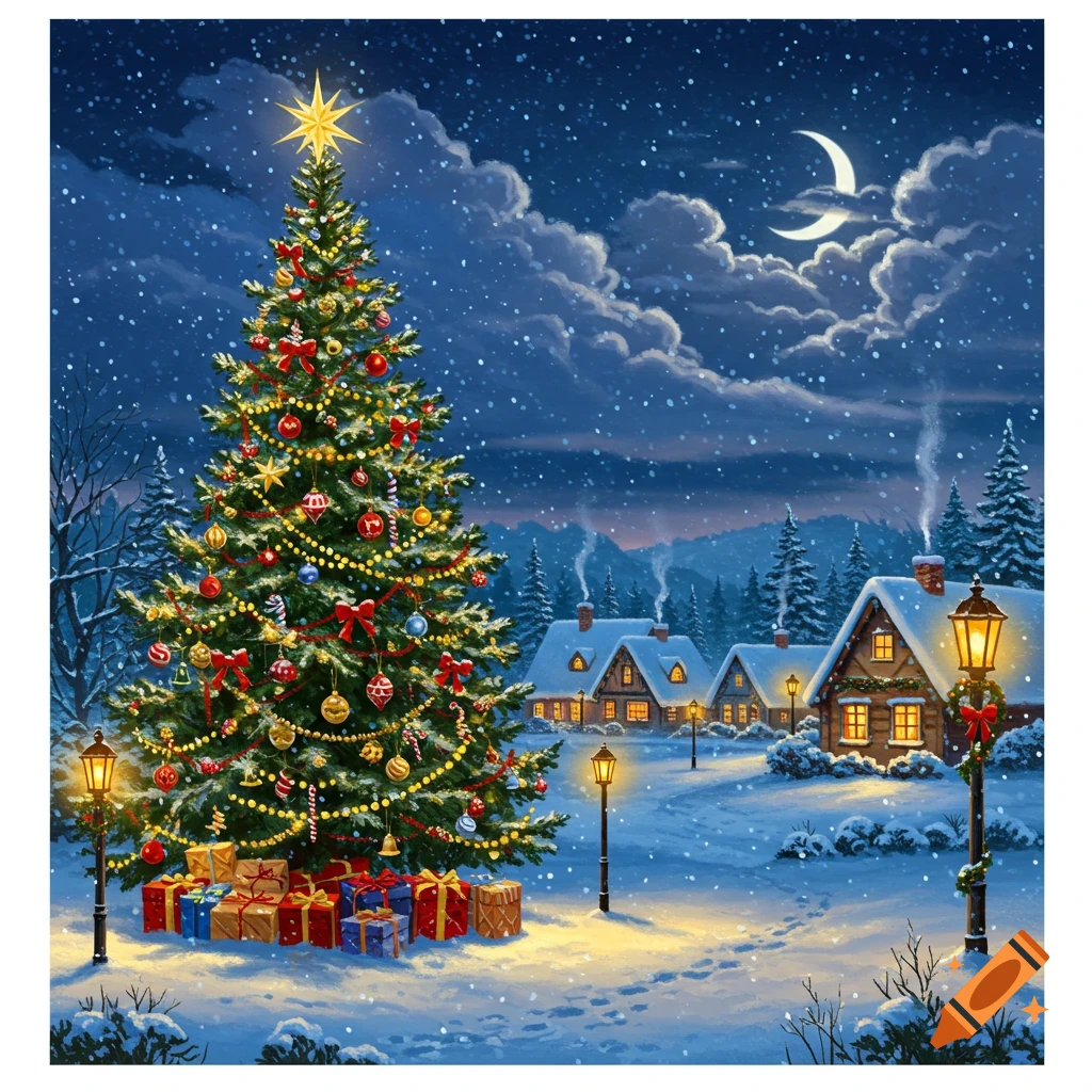 A large, brightly lit Christmas tree in a snowy village at night, with illuminated houses and streetlights under a crescent moon.