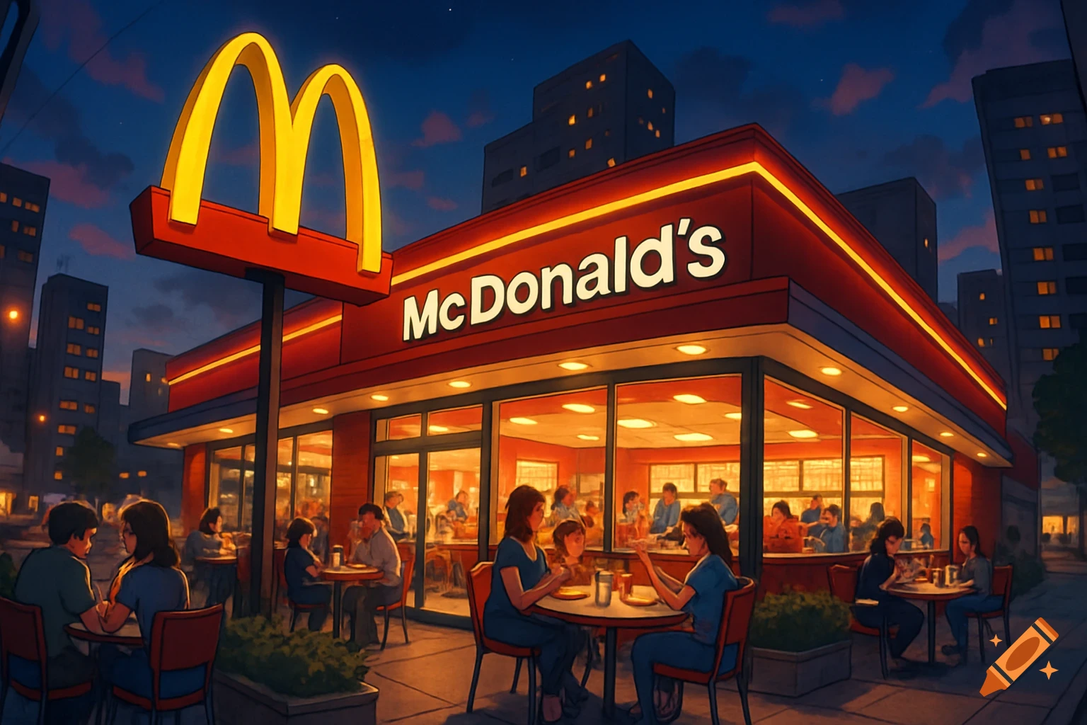 An illuminated McDonald's restaurant with a large golden arches sign at night in a city, with people eating inside and on the outdoor patio, in a stylized, illustrative art style.