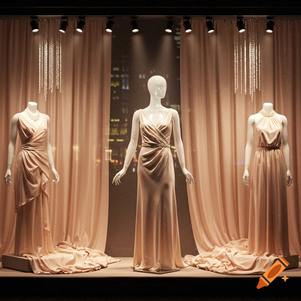 Three mannequins in elegant champagne-colored dresses displayed in a department store window with draped curtains and city lights.