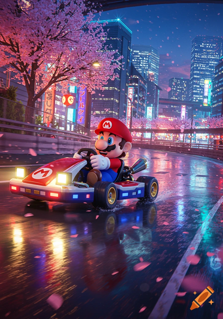 Mario races a go-kart on a wet Tokyo street at night, with cherry blossoms and neon-lit buildings.