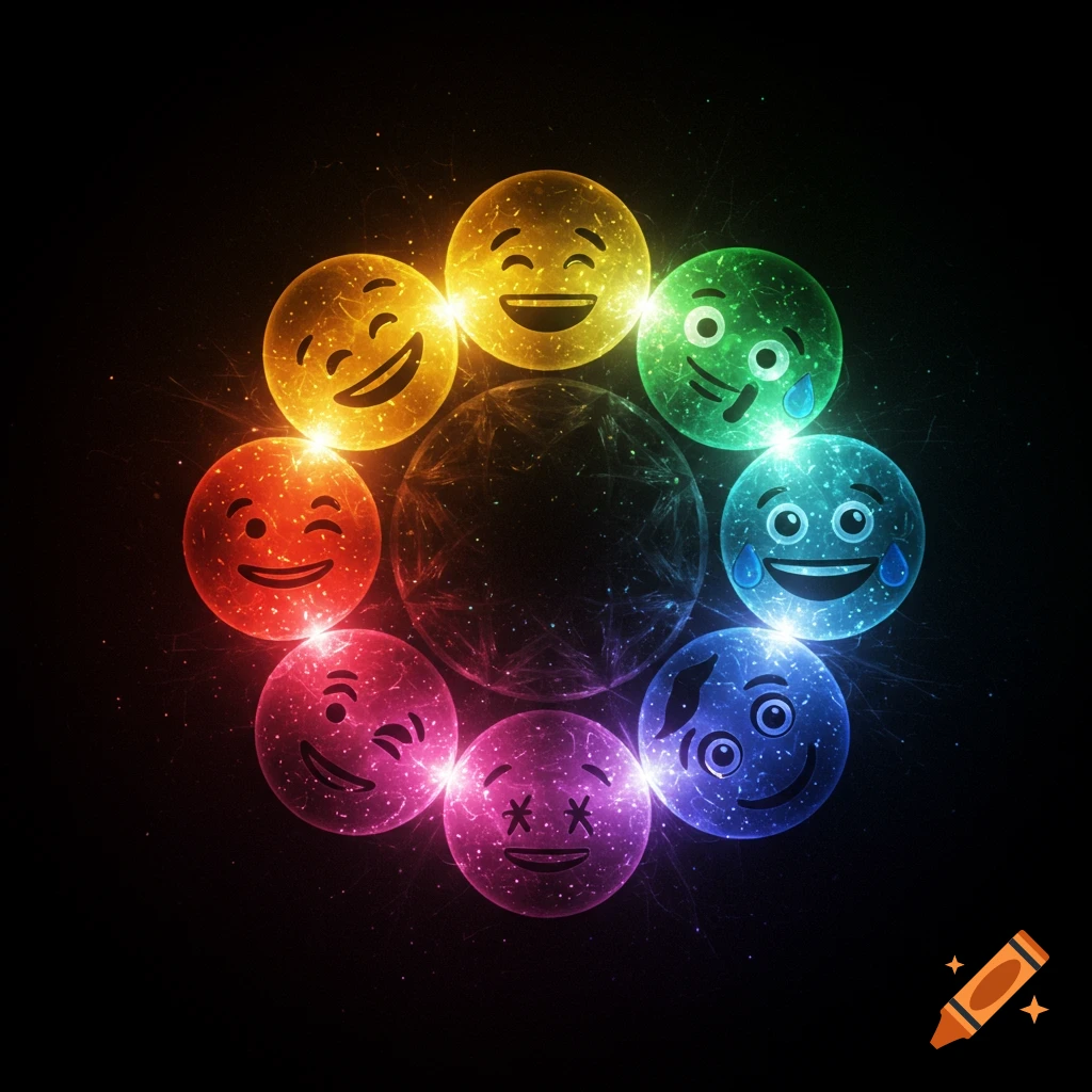 Eight glowing, colorful emojis in a circle, each with a different expression, surrounded by sparkling fractal patterns on a black background.