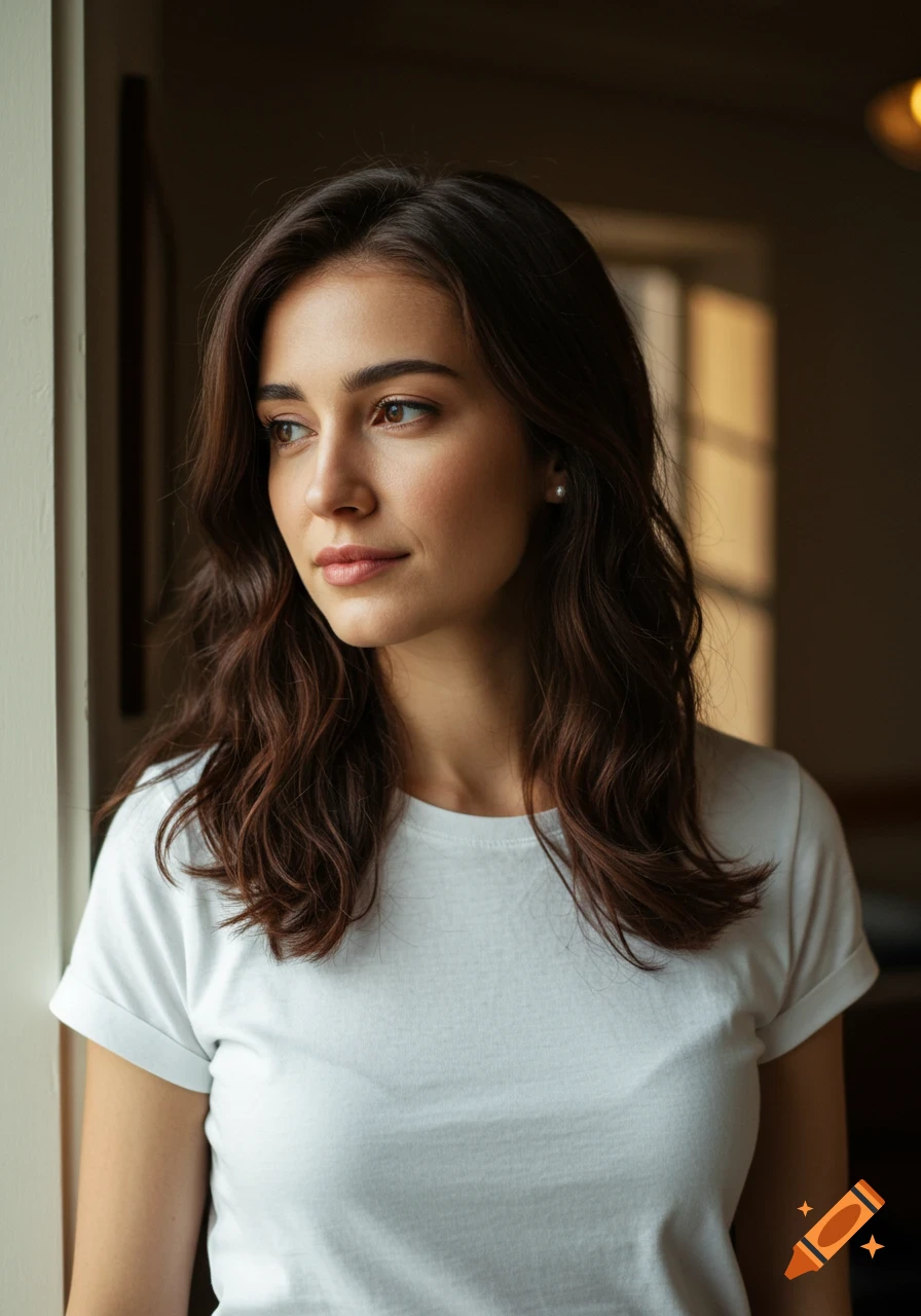 Photorealistic portrait of a young woman with dark wavy hair and a white t-shirt, looking pensively out a window.