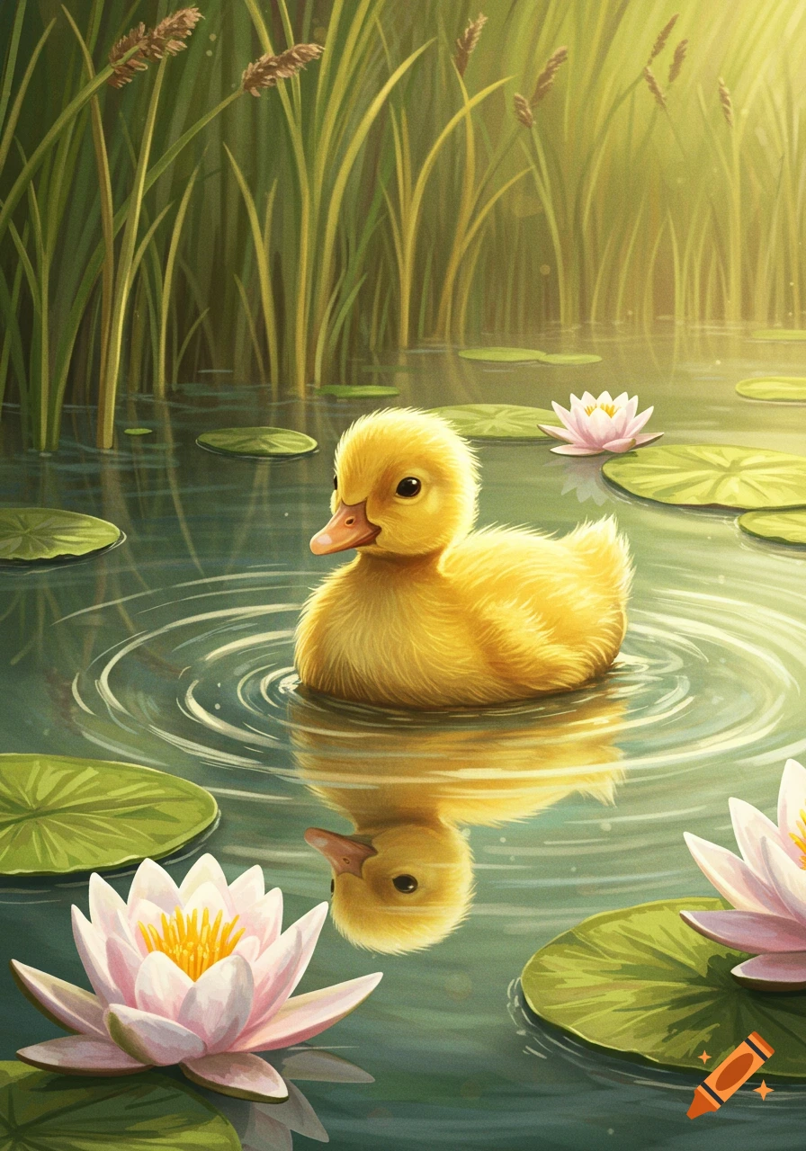 A fluffy yellow duckling swims in a pond with lily pads and tall green reeds under warm sunlight.