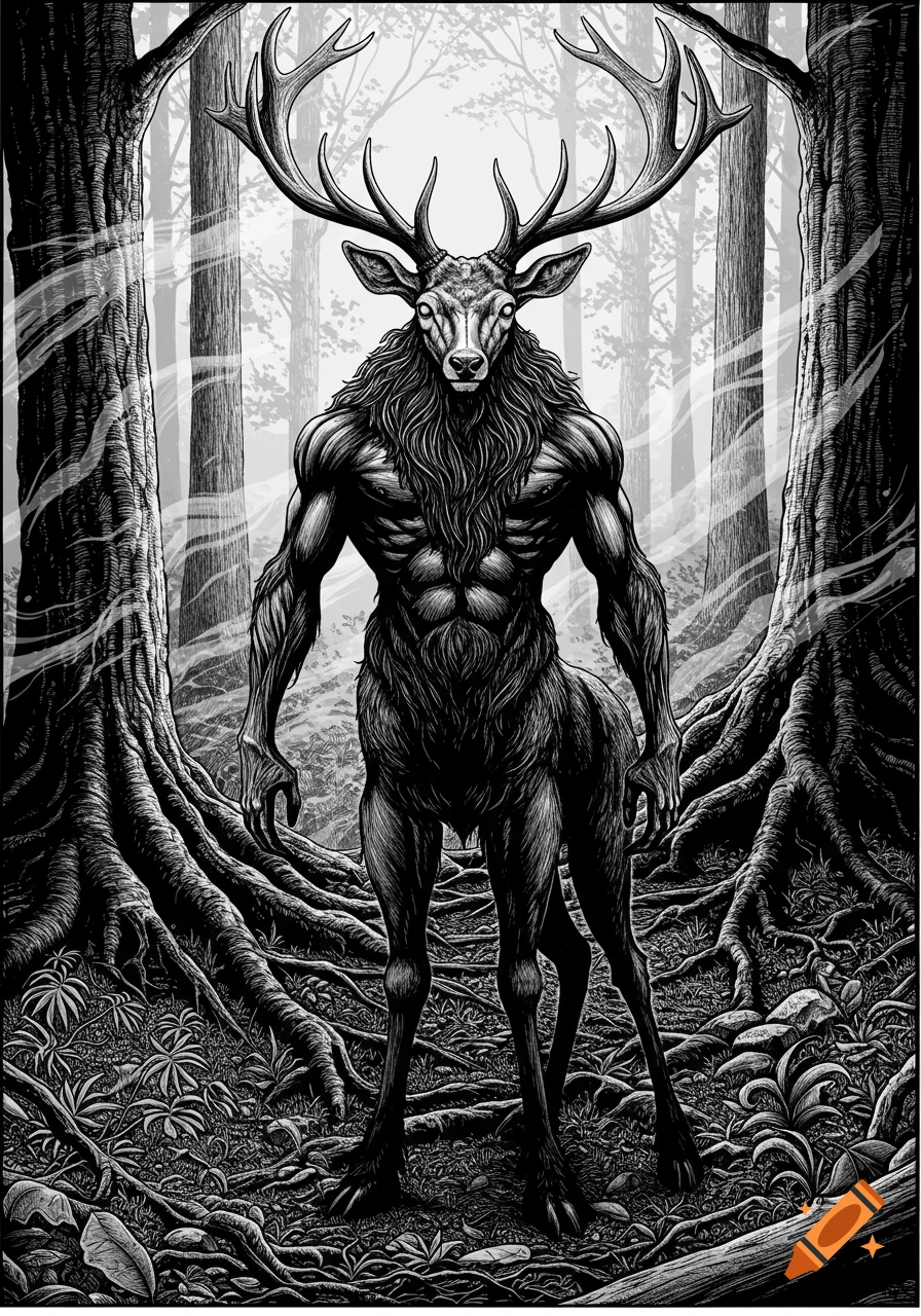 A black and white drawing of a tall, muscular half-man, half-elk creature with large antlers standing in a forest.