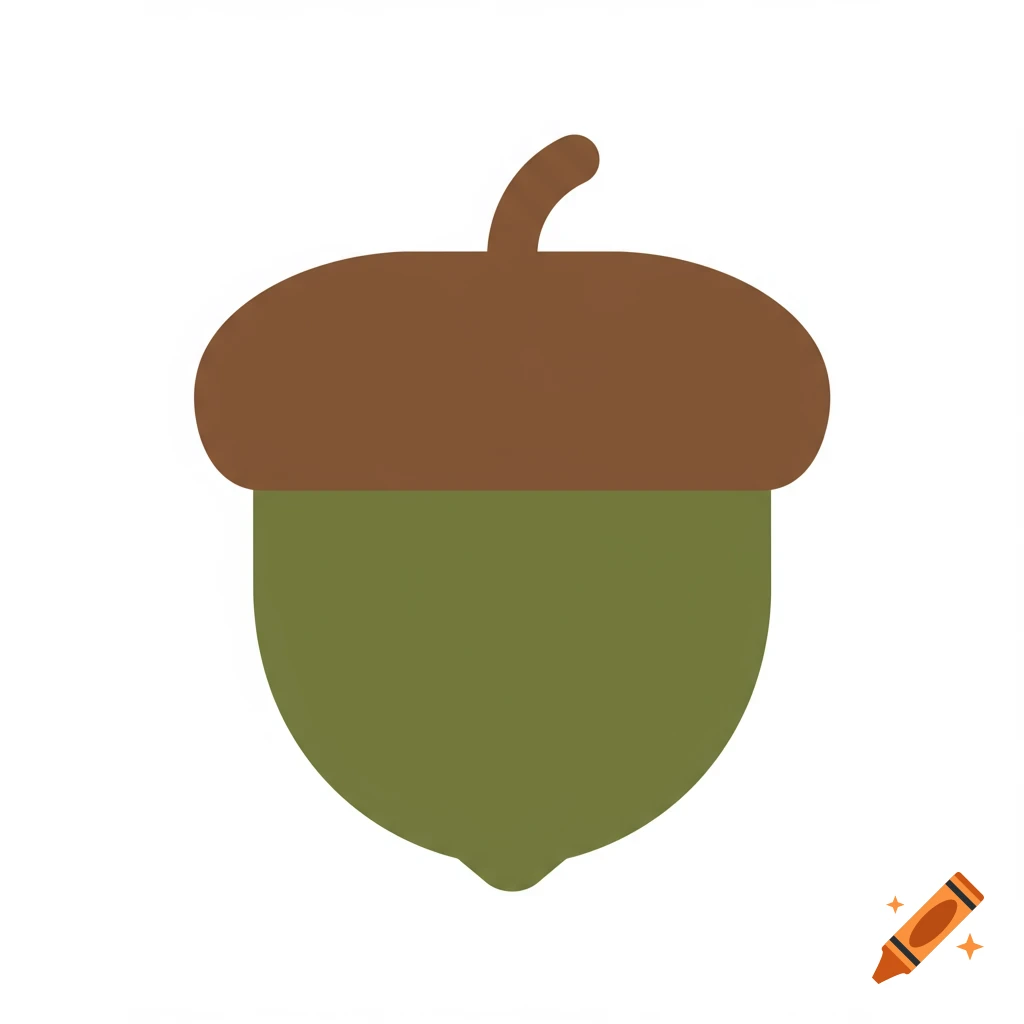 A simple, flat, two-dimensional illustration of an acorn with a brown cap and green body on a white background.