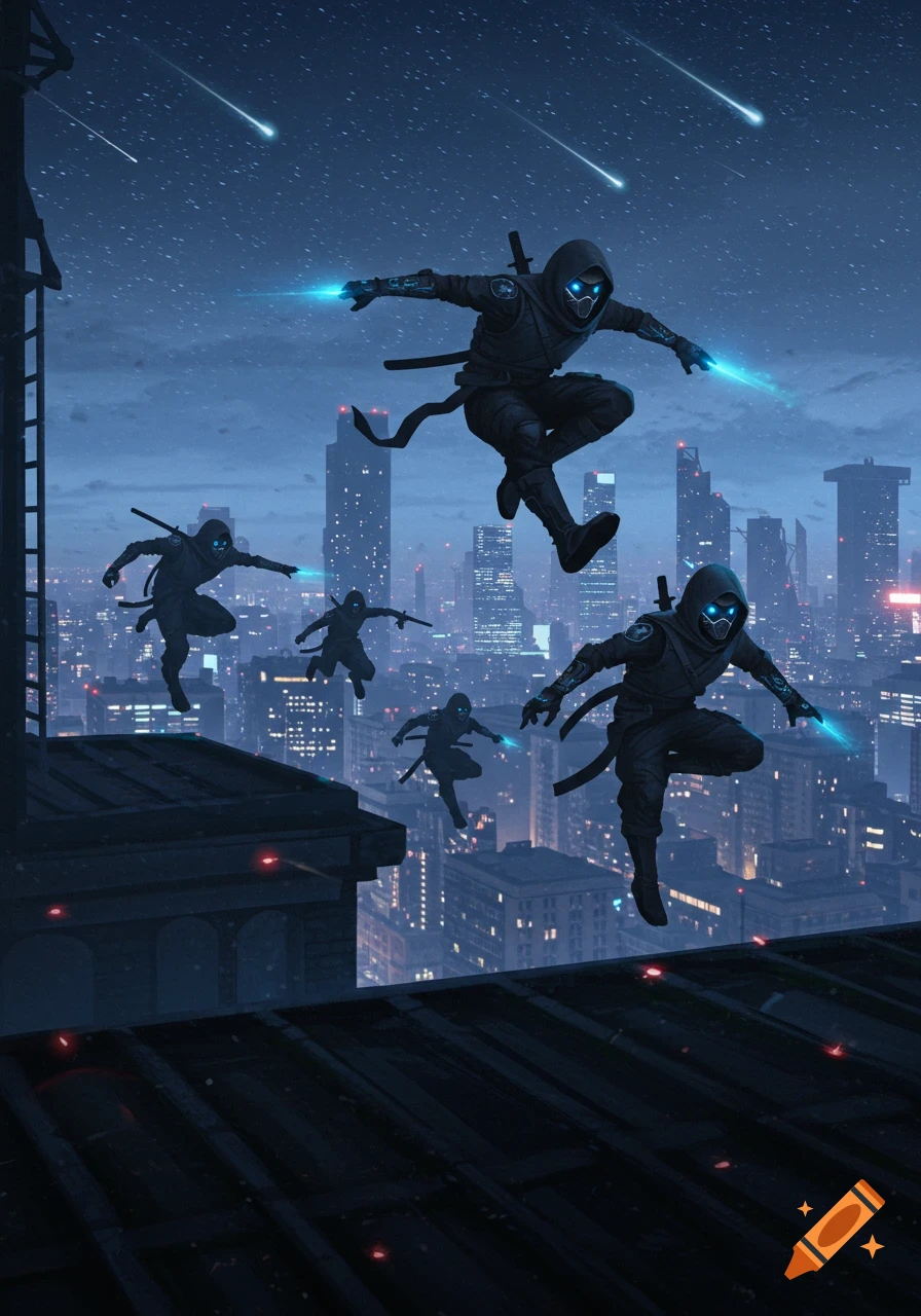 Five hooded ninjas with glowing blue masks and weapons leap across a futuristic city skyline at night with meteors.