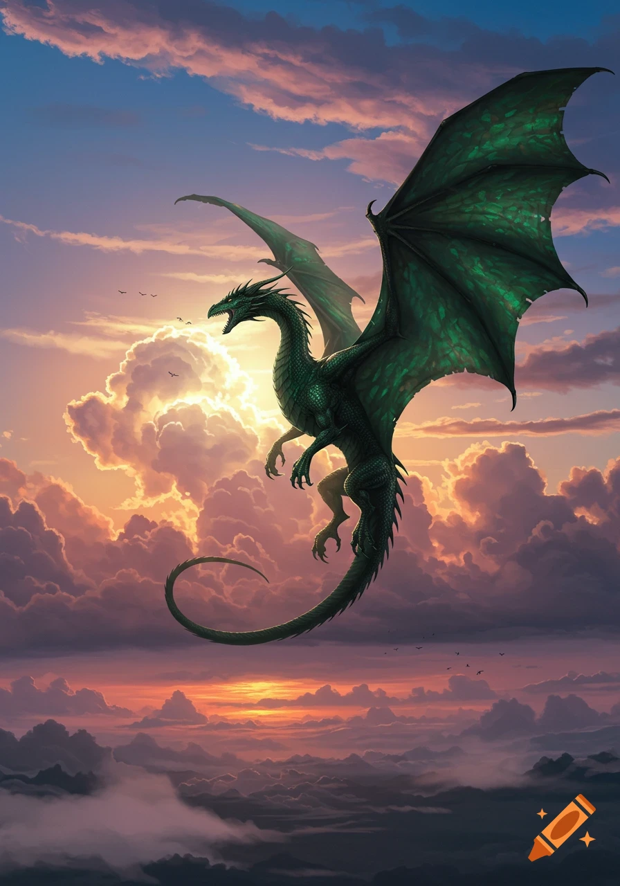 A large, majestic green dragon with wide wings soars through a vibrant, cloudy sunset sky.
