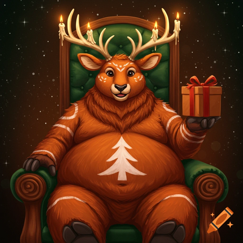 A happy, overweight ginger elk character with candle antlers and a white pine tree on its belly, sitting on a green throne holding a present.