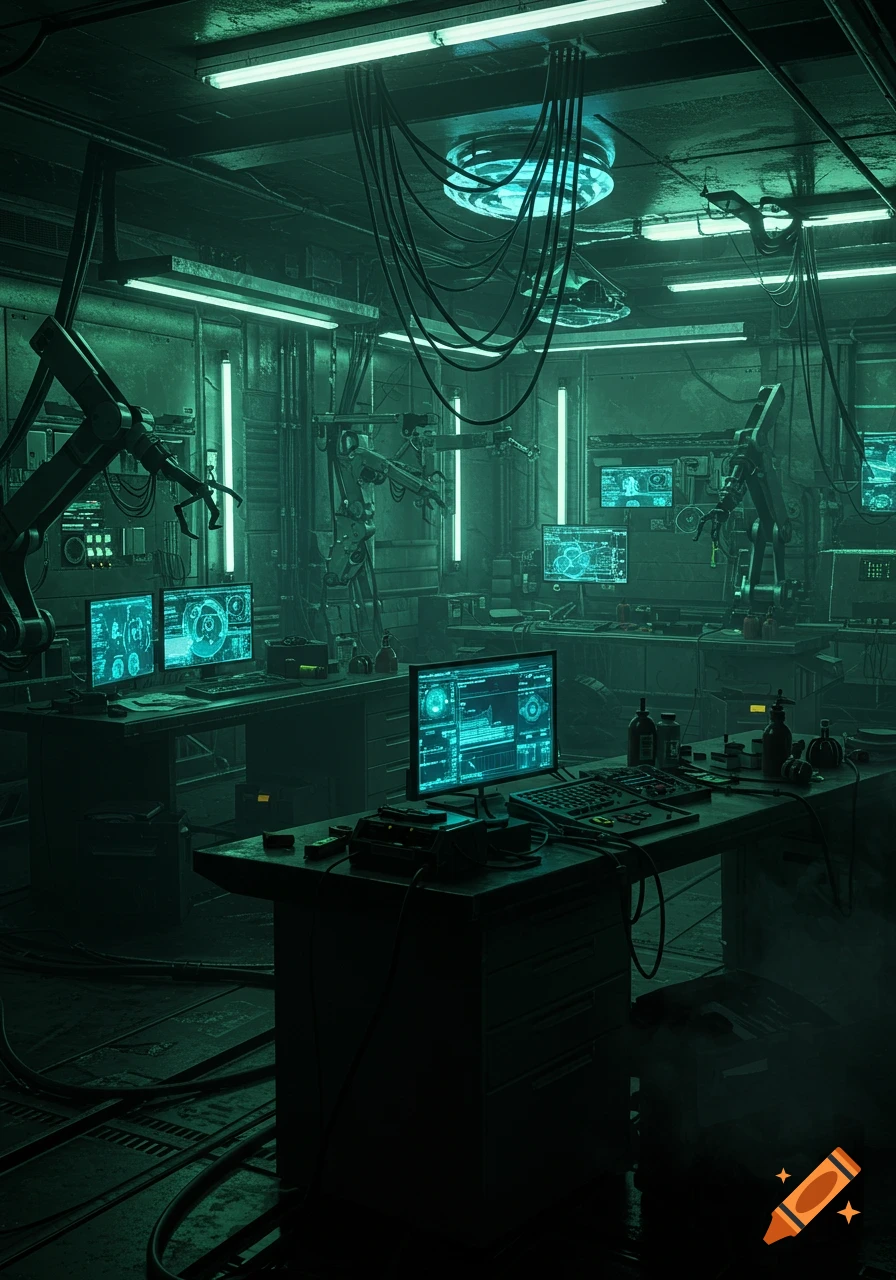 A dimly lit cyberpunk laboratory with multiple computer screens displaying glowing blue data, robotic arms, and industrial equipment.