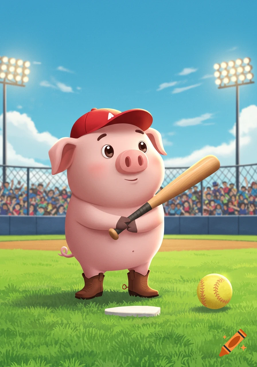 A happy cartoon pig in a red baseball cap and cowboy boots holds a bat on a sunny baseball field with a cheering crowd.