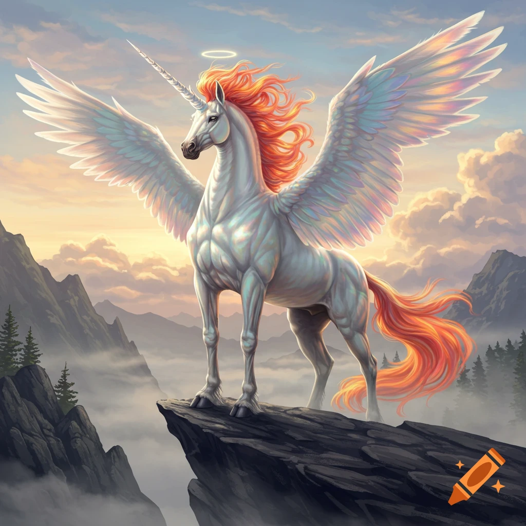 A majestic winged unicorn with an orange mane and tail stands on a rocky cliff overlooking a misty mountain landscape at sunrise.