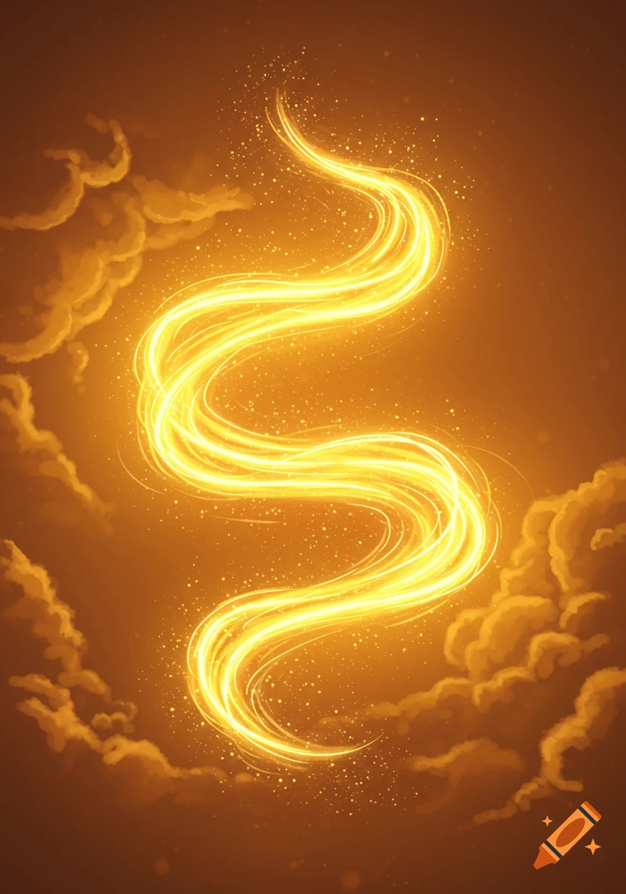 A vibrant, glowing golden light trail spirals upwards, surrounded by soft, warm-toned clouds against an orange background.