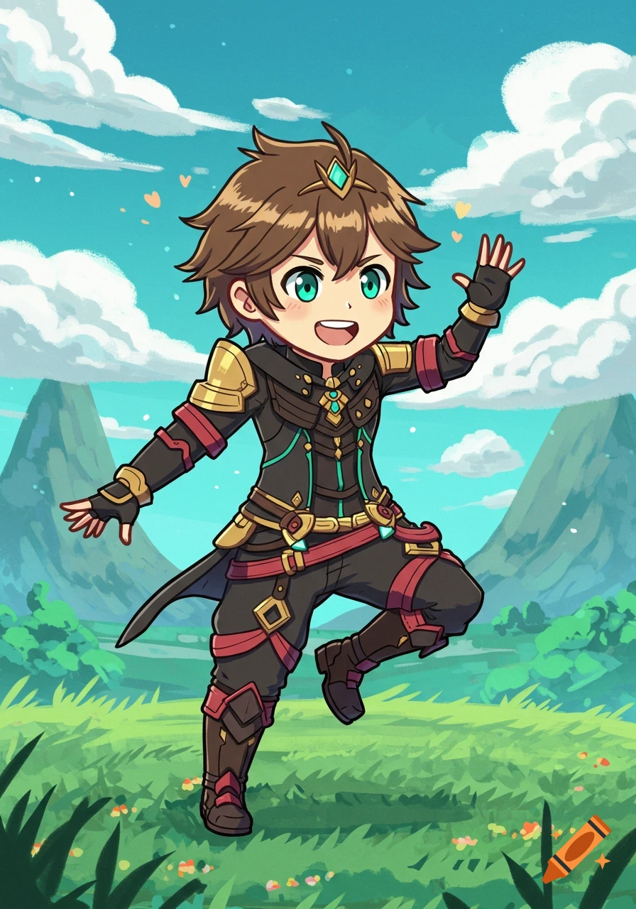 Cartoon chibi Noah from Xenoblade Chronicles 3, in armor, smiling and waving in a green landscape with mountains.