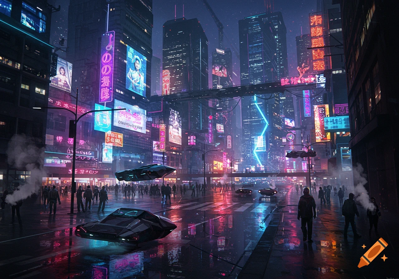 A vibrant cyberpunk city at night with neon signs, flying cars, and pedestrians on a wet street, reflecting colorful lights.
