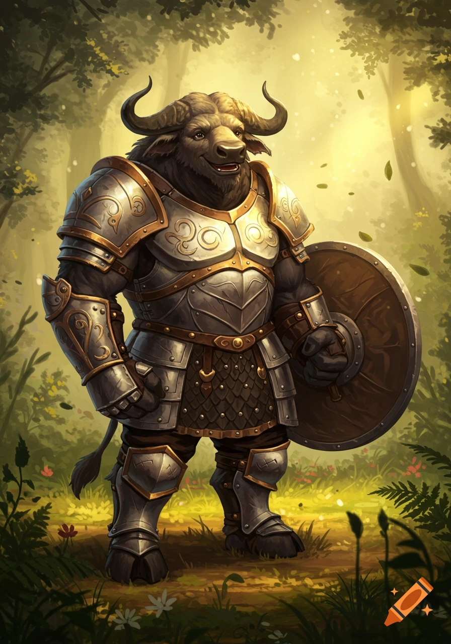 A happy, heavily armored buffalo minotaur with a shield stands in a sunlit fantasy forest, digital art.