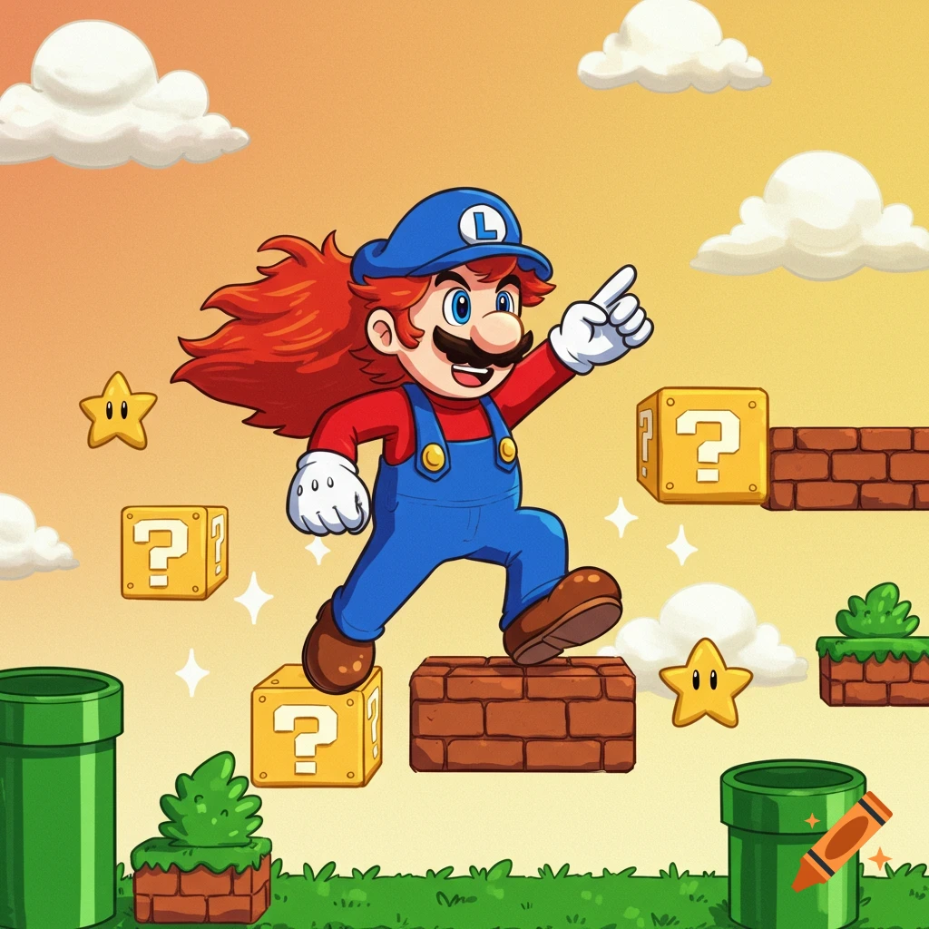 A cartoon Mario-style character with long red hair and an 'L' cap jumps on a question block in a colorful video game landscape.