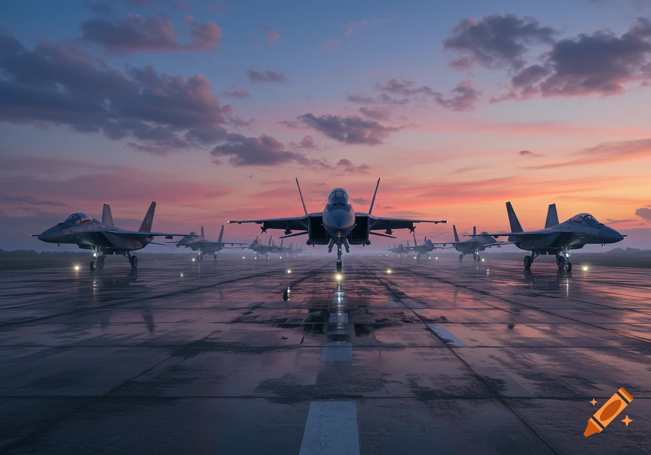 Combat jets lined up on a wet runway at a colorful sunset.