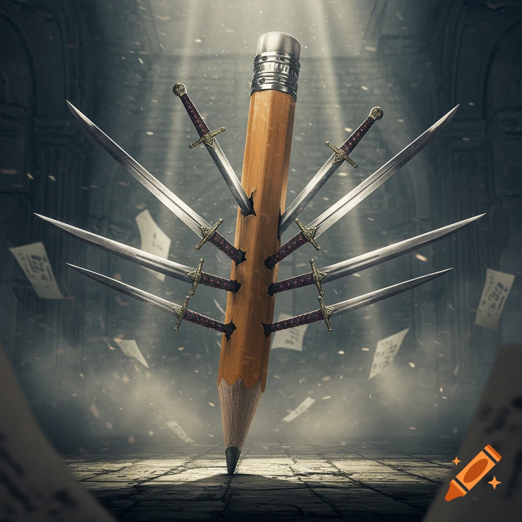 A giant wooden pencil is impaled by multiple swords in a dramatic, dark fantasy setting with floating papers and light rays.