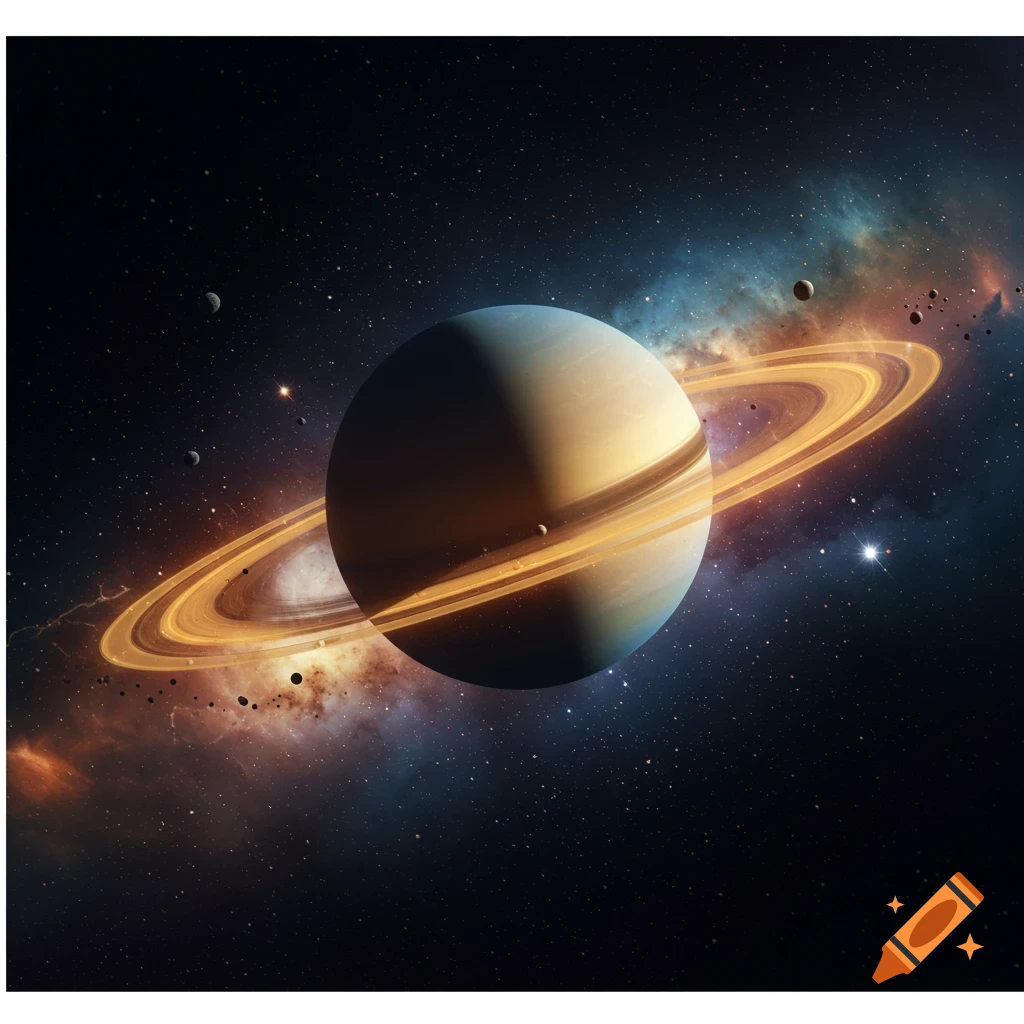 Saturn and its prominent rings orbiting in the vastness of space, surrounded by stars and colorful nebulae.