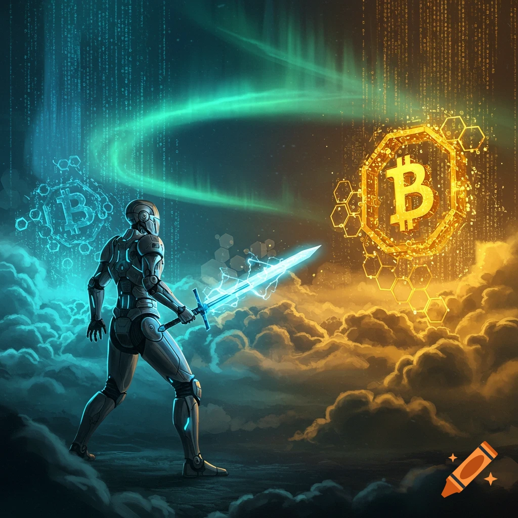 A robot warrior holding a glowing blue sword stands between a glowing blue Bitcoin symbol and a glowing gold Bitcoin symbol amidst clouds.