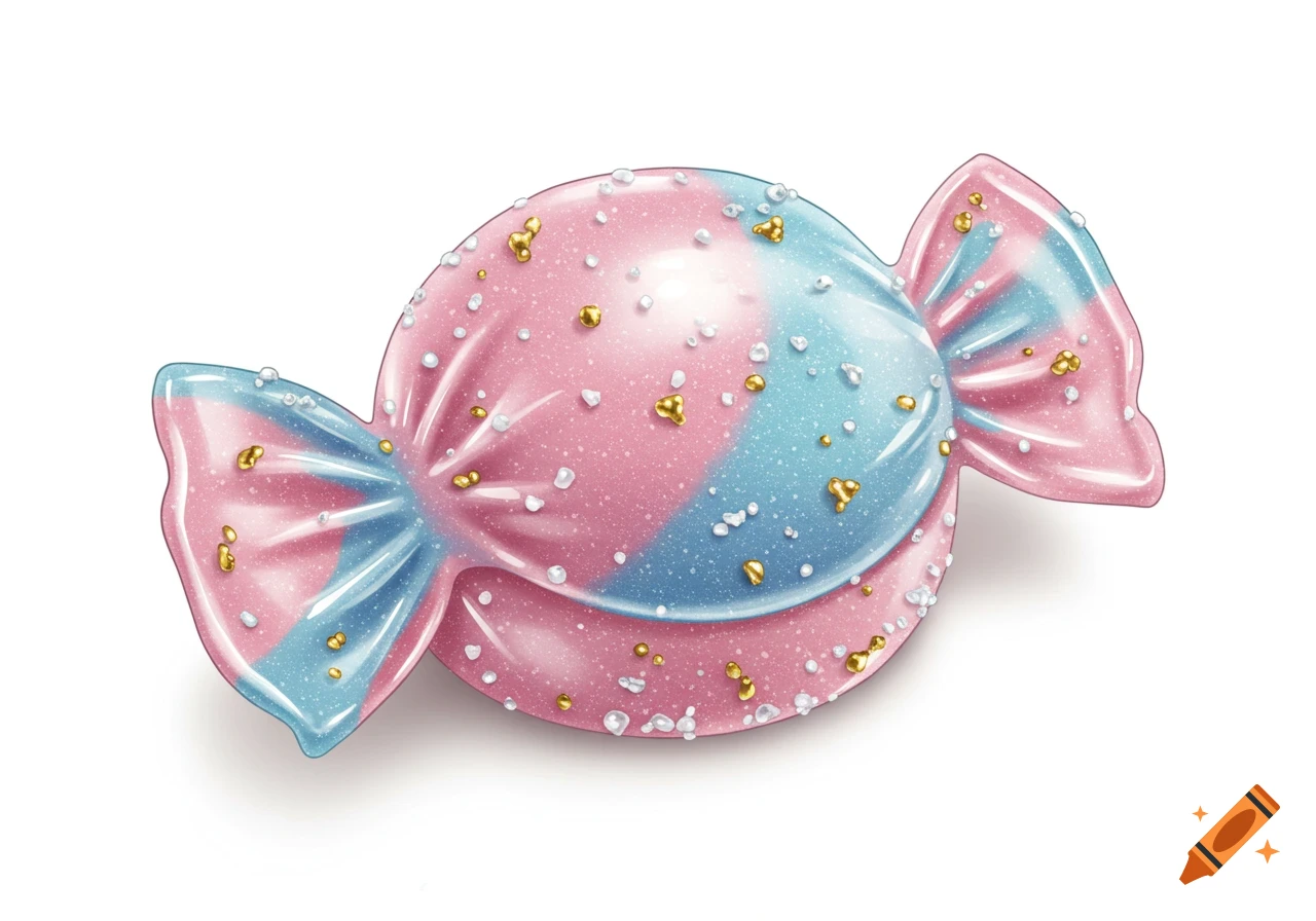 A glossy pink and blue bonbon with white and gold sprinkles, wrapped in clear plastic, against a white background.