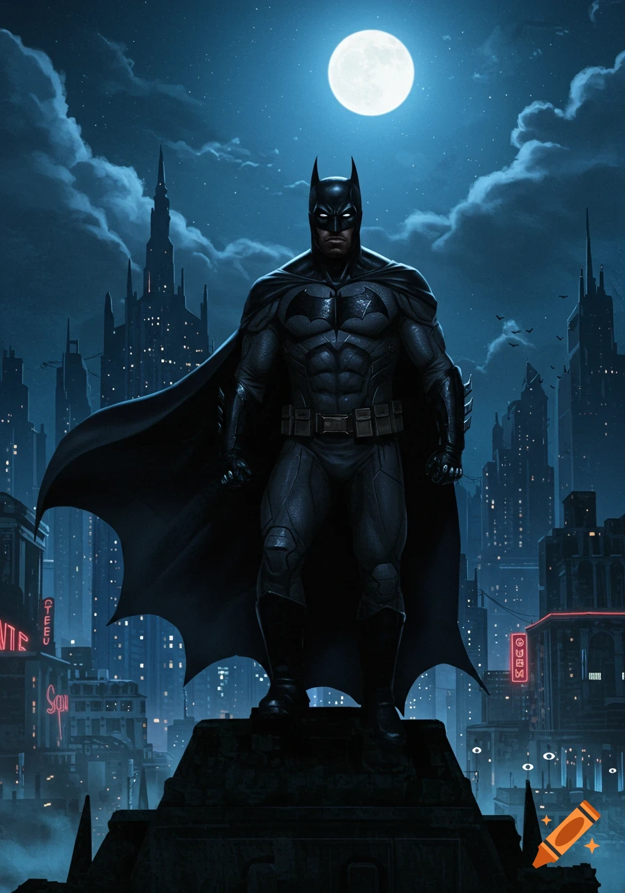 Batman in a detailed suit stands on a rooftop, overlooking a gothic city at night with a full moon overhead.