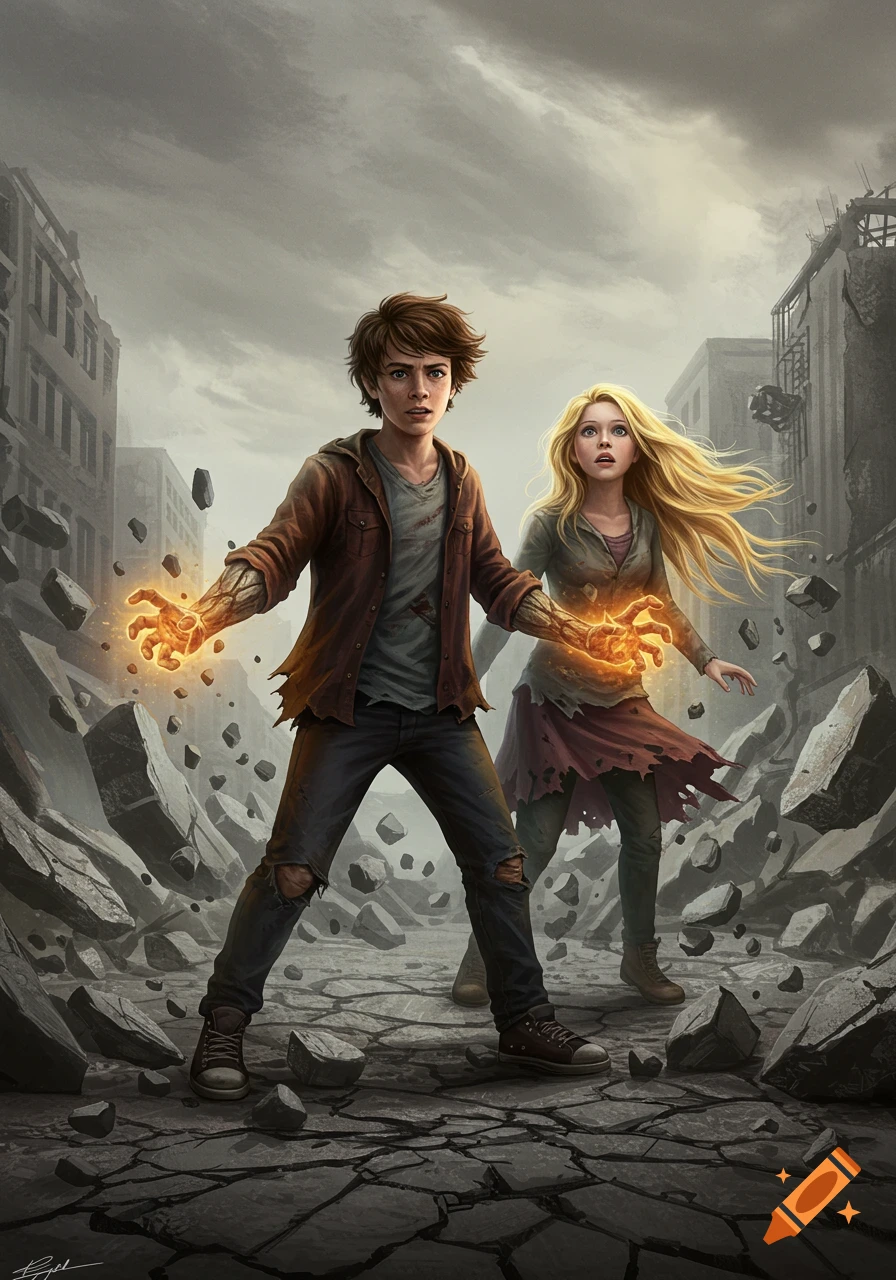 A teen boy with glowing hands stands with a surprised teen girl in a destroyed city. Rocks float around them.