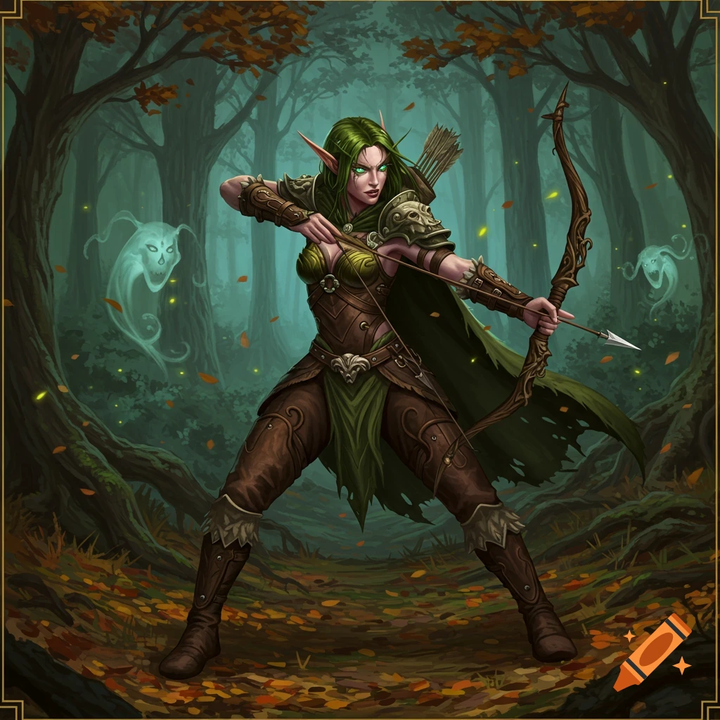 A green-haired wild elf druid in leather armor aims a longbow in a dark fantasy forest with glowing ghosts.