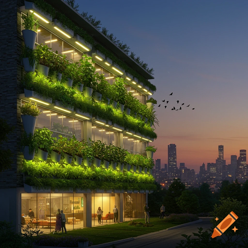 Modern building with green vertical gardens on its facade, illuminated at dusk, with a city skyline in the background.