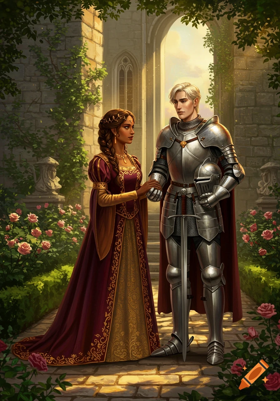 A tan-skinned medieval princess in a burgundy gown holding the hand of a pale-skinned knight in a rose garden by a castle.