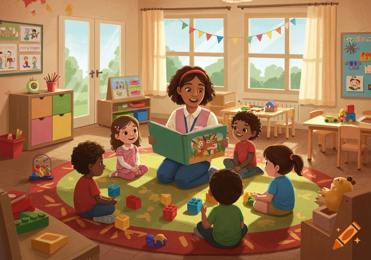 A diverse teacher reads a storybook to children on a colorful rug in a bright classroom.