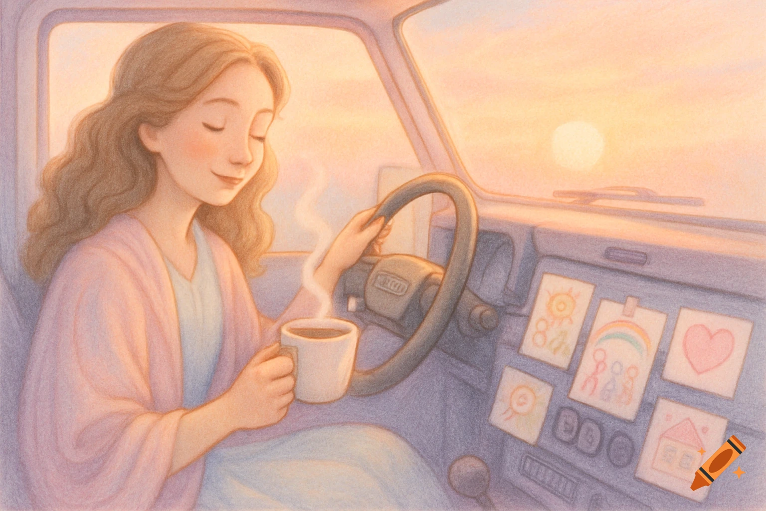 Soft pastel illustration of a woman with a warm smile, eyes closed, holding a coffee cup while driving a car at sunrise. Children's drawings are on the dashboard.