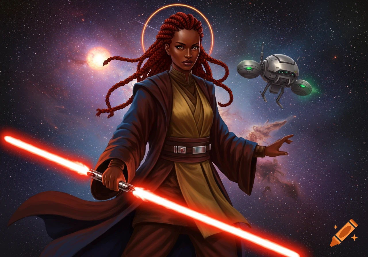 A Black female warrior with red braided hair in Jedi robes holds a double red lightsaber in space, a small drone nearby.