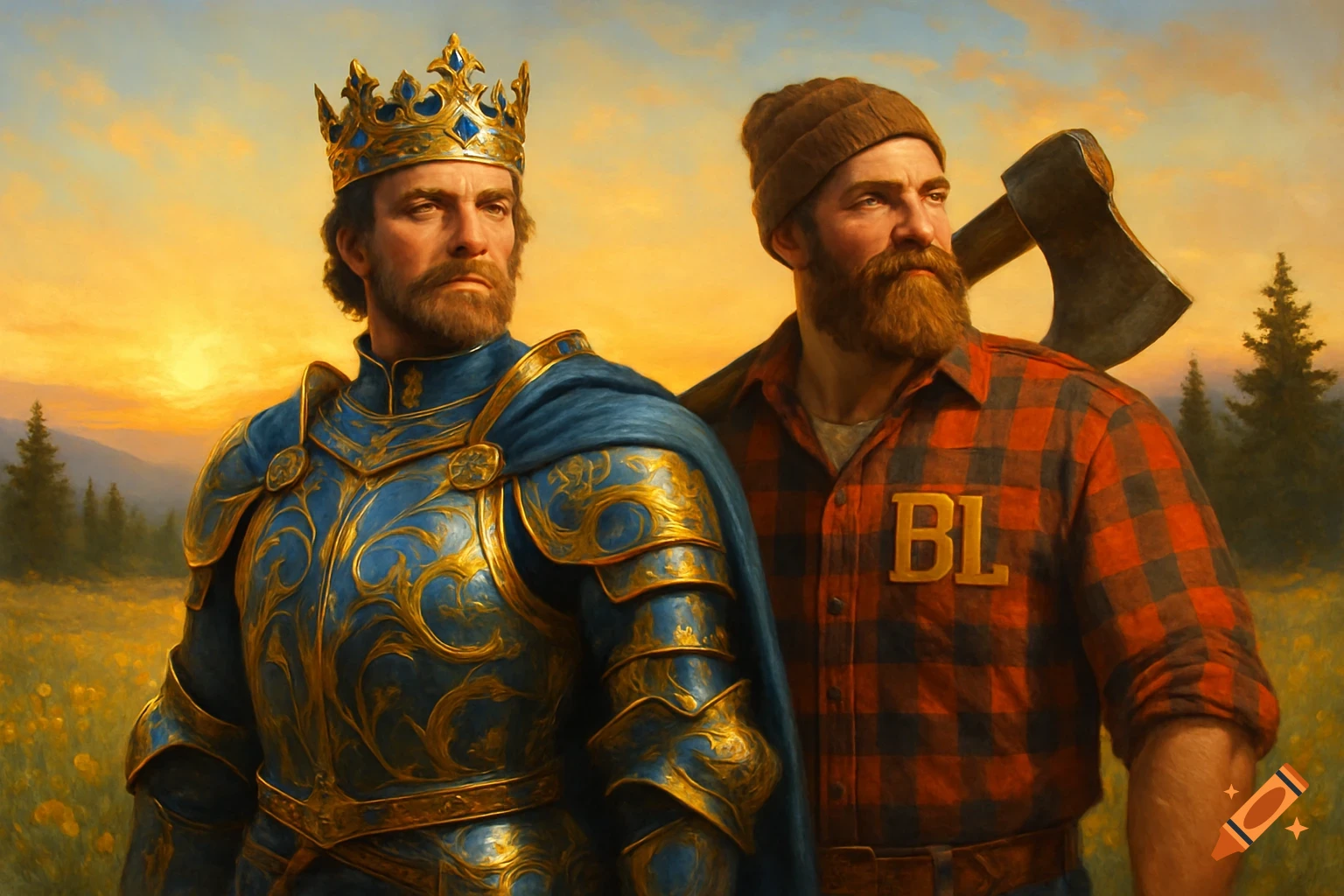 A knight in blue and gold armor with a crown stands next to a bearded lumberjack in a red plaid shirt with "BL" on it, an axe over his shoulder. They are in a field at sunset.