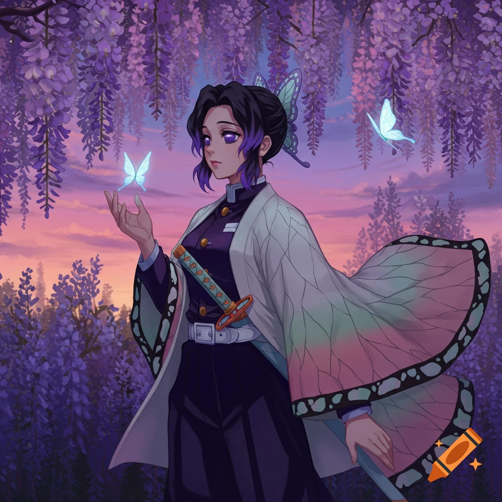 Shinobu Kocho in a purple wisteria field at sunset, with butterflies around her, in an anime art style.