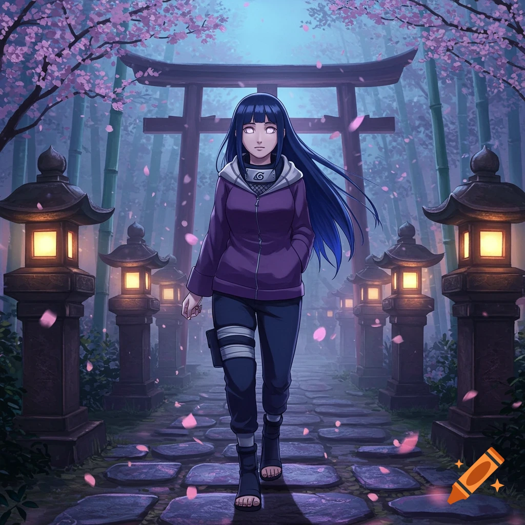 Anime character Hinata walking on a stone path through a bamboo forest with lanterns, cherry blossoms, and a torii gate at dusk.