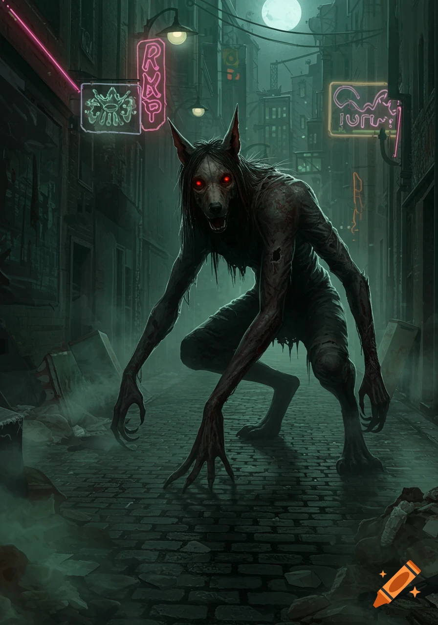 A gaunt, red-eyed werewolf-like creature crouches in a dark, misty alleyway with glowing neon signs. Digital art.