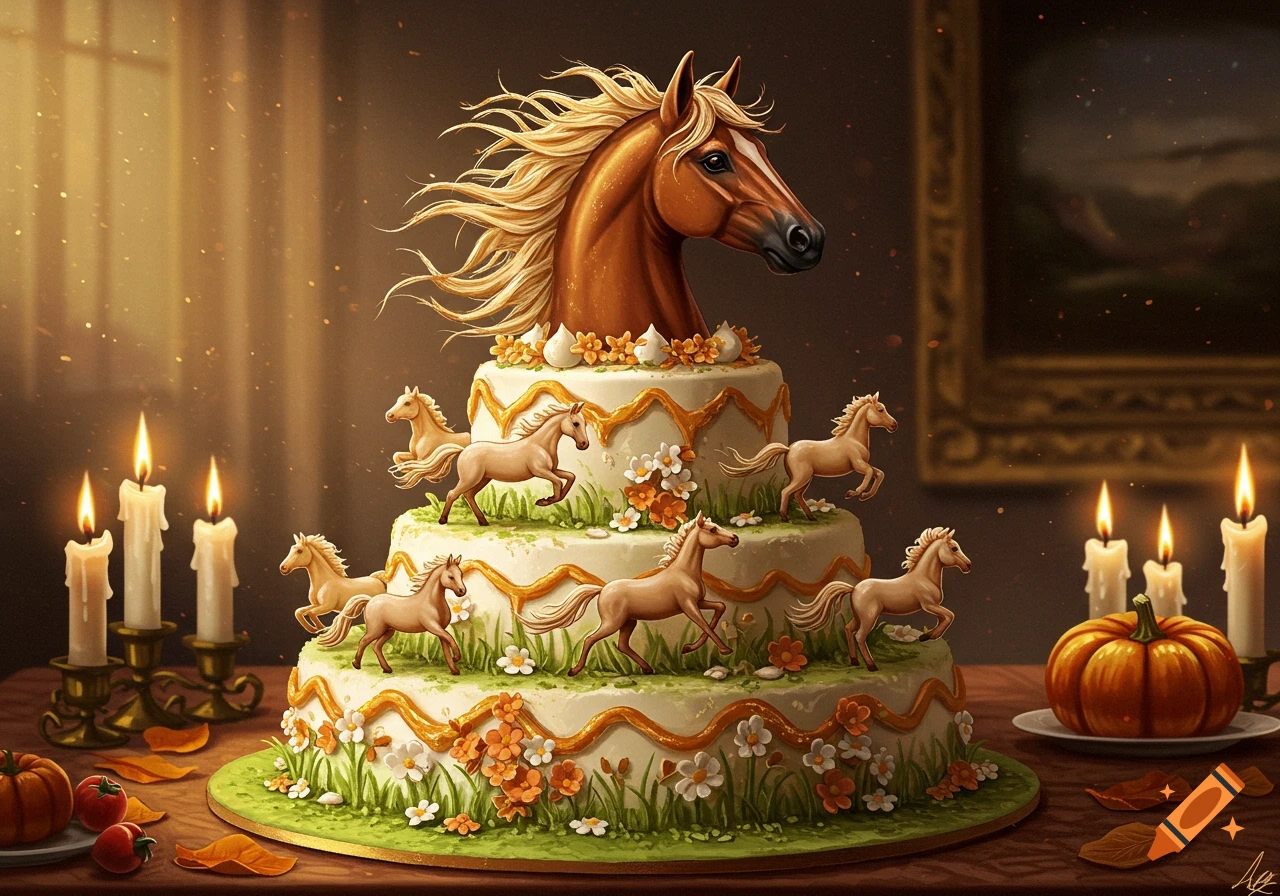 Digital art of a three-tiered horse cake topped with a horse's head, surrounded by candles, pumpkins, and autumn leaves.