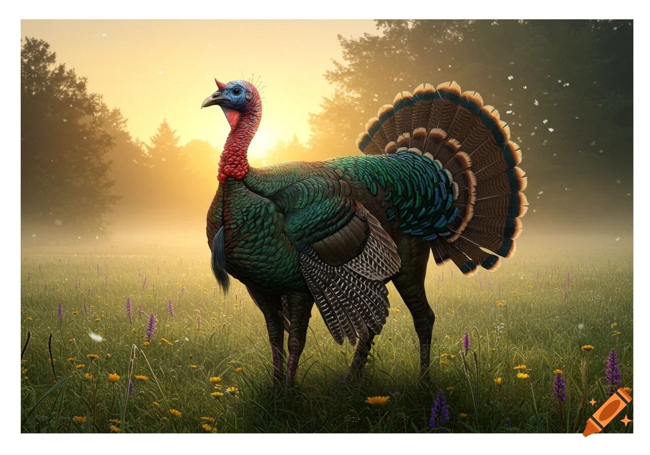A majestic turkey-horse hybrid stands in a misty field filled with wildflowers at sunrise, photorealistic style.
