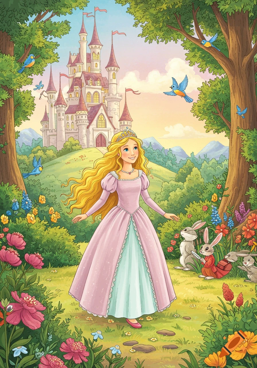 Smiling princess in a pink dress with long blonde hair in an enchanted forest with a castle, birds, and rabbits, children's book style.