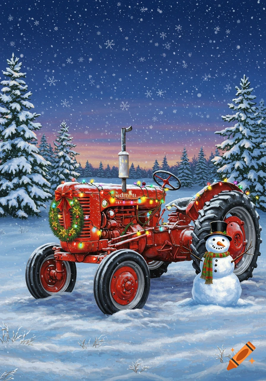 A festive red tractor decorated with Christmas lights and a wreath, parked in a snowy landscape next to a snowman, under a starry blue night sky with falling snow and pine trees.