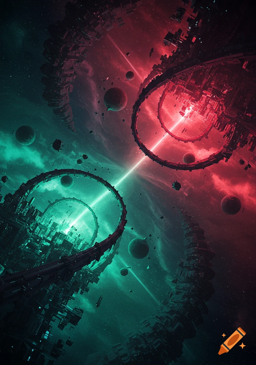 Vibrant red and teal futuristic space scene with huge ring-shaped structures, planets, and a central light beam.