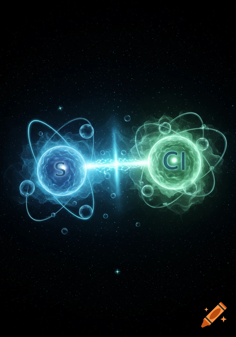 Two glowing blue 'S' and green 'Cl' atoms connected by a light beam against a starry space background, illustrating an ionic bond.