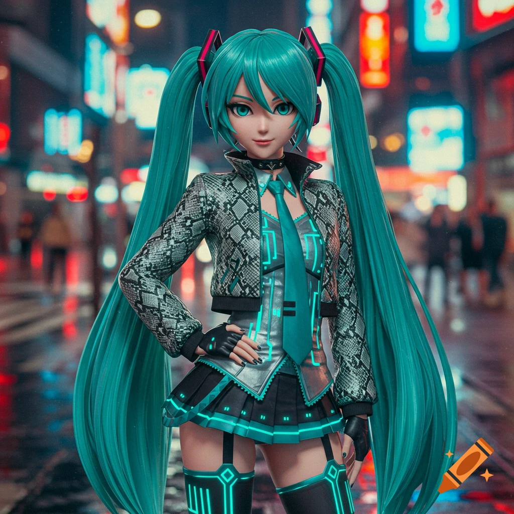 Hatsune Miku in a snakeskin jacket and glowing teal outfit stands in a blurry neon city street.
